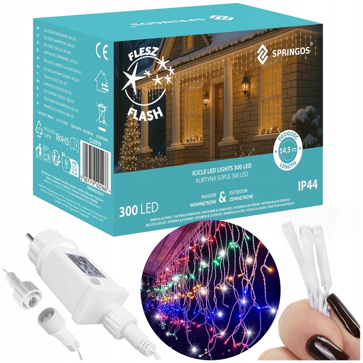 KURTYNA GIRLANDA ŚWIETLNA SOPLE LAMPKI 300LED MULTIKOLOR FLASH OŚWIETLENIE