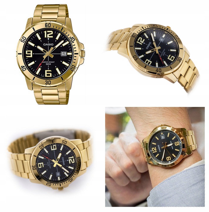 ZEGAREK MĘSKI CASIO STILON złoty stalowy datownik +BOX +GRAWER