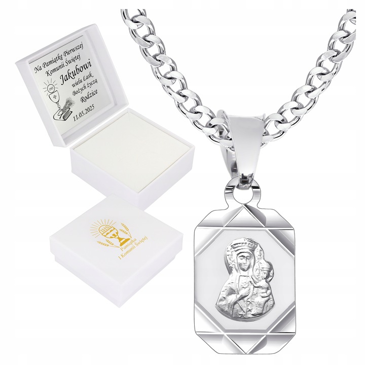 ŁAŃCUSZEK SREBRNY MEDALIK KOMUNIJNY MATKA BOSKA NA KOMUNIĘ NA CHRZEST 50 cm