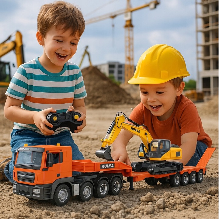 OGROMNA CIĘŻARÓWKA Z PRZYCZEPĄ SAMOCHÓD LAWETA KOPARKA RC 2x PILOT 1319