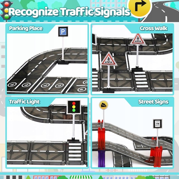 KLOCKI MAGNETYCZNE TOR SAMOCHODOWY DROGA ZNAKI DLA DZIECI PLAYMAGS 130 EL