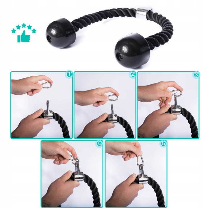 SZNUR UCHWYT DO WYCIĄGU LINA NA TRICEPS MASYWNA I SOLIDNA Z KARABIŃCZYKIEM