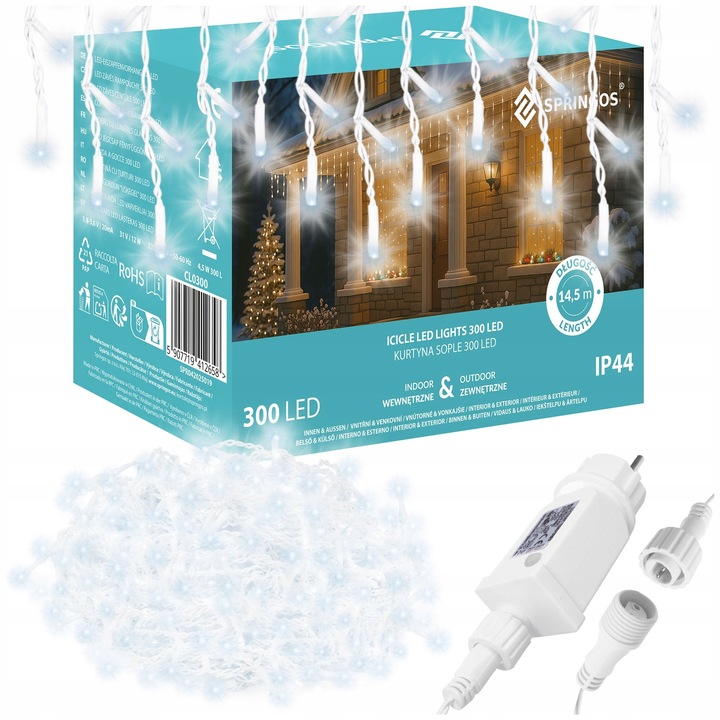 LAMPKI CHOINKOWE 300LED ZEWNĘTRZNE SOPLE KURTYNA 14,5m ZIMNE BIAŁE GIRLANDA
