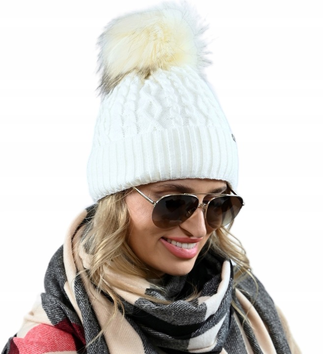 Czapka Damska Z Pomponem Zimowa kremowa Ciepła czapka z polarem PL - ECRU