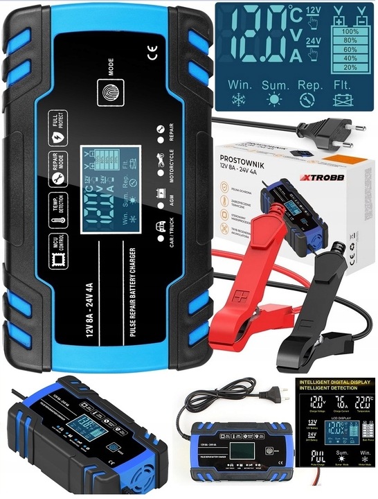 Prostownik samochodowy do akumulatorów LTC LX1204 12 V 24 V LCD ładowarka