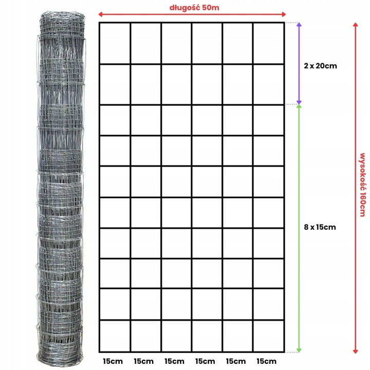 SIATKA LEŚNA 160/11/15 L - rolka 50m OCYNKOWANA do pola sady lasy budowa