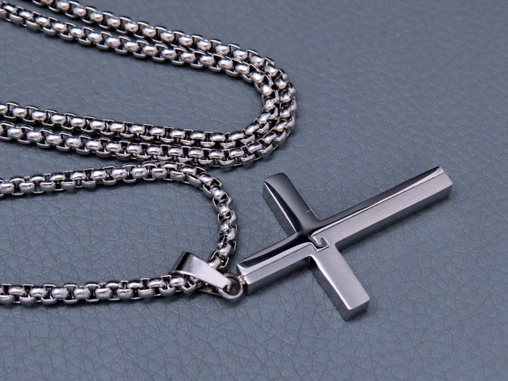 SREBRNY ŁAŃCUSZEK Z KRZYŻYKIEM STAL CHIRURGICZNA 316L SPLOT KRÓLEWSKI 60CM