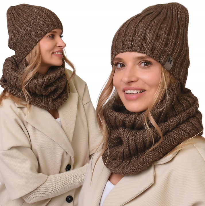 damski Komplet brązowyi zimowy CZAPKA Z KOMINEM ciepły ZESTAW polski Be4