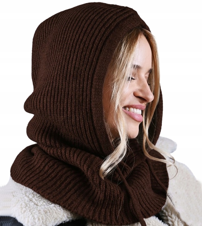 CZEKOLADOWA Kominiarka KAPTUR komin Balaclava Czapka damska zimowa Modna