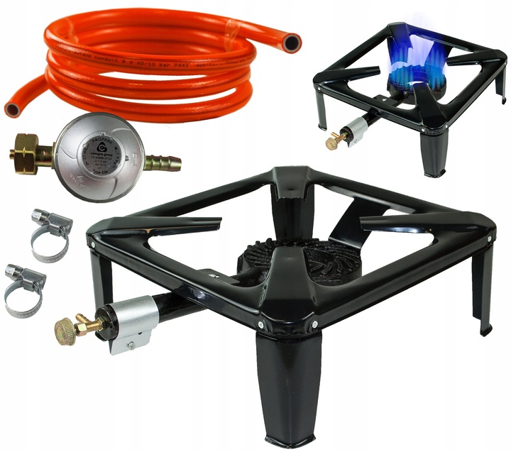 ŻELIWNY TABORET GAZOWY PALNIK 40x40cm ZESTAW REDUKTOR WĄŻ SOLIDNY WYTRZYMA