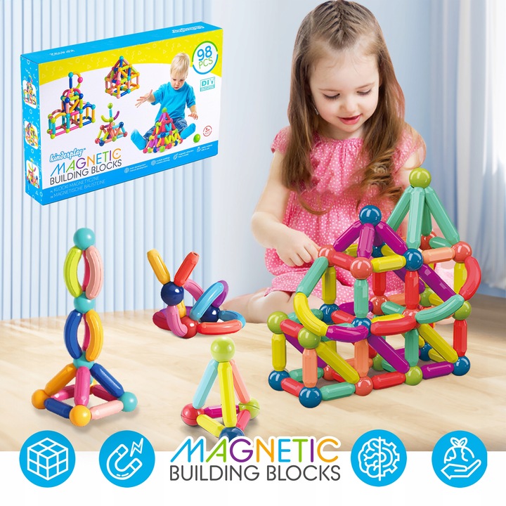 DUŻE KLOCKI MAGNETYCZNE KONSTRUKCYJNE EDUKACYJNE STICKS PATYCZKI XXL 98 ele