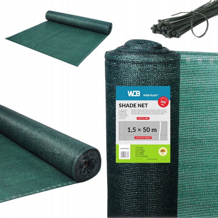 SIATKA CIENIUJĄCA 90% 1,5x50m MATA OSŁONOWA NA PŁOT OGRODZENIE + OPASKI 200