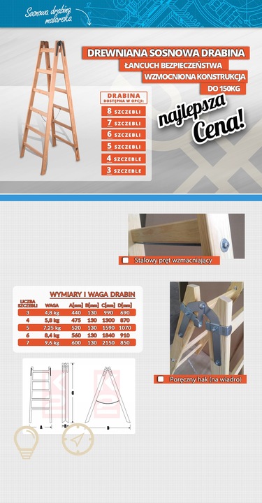 Drewniana Drabina Rozstawna 2x4 Szczebli PRODUCENT