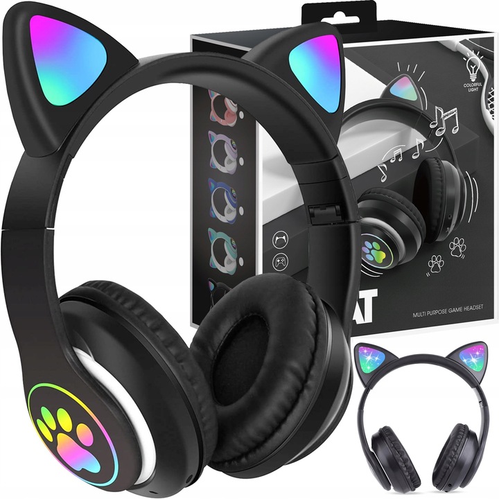 SŁUCHAWKI BEZPRZEWODOWE Z MIKROFONEM KOLOROWE KOCIE USZY LED DLA DZIECI