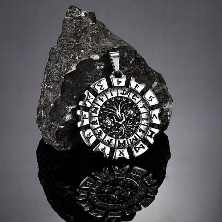 Okrągła Zawieszka Wikingów Runy Nordyckie Stal Chirurgiczna