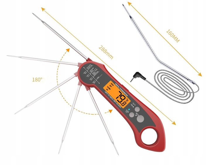 Termometr Kuchenny Skladany -50°C do 300°C 2x Sondy Stal-304 LCD Alarm IPX7