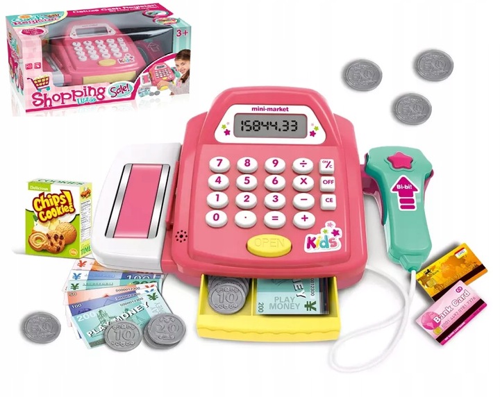 KASA SKLEPOWA FISKALNA SKANER DŹWIĘK KALKULATOR MONETY PIENIĄDZE AKCESORIA