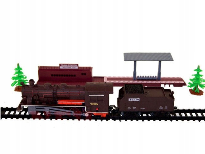 WIELKA KOLEJKA POCIĄG TORY 10 metrów LOKOMOTYWA LED 7 wagonów DRZEWKA PERON