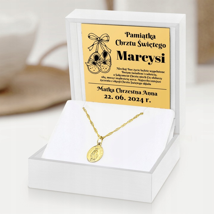 Złoty Medalik z Łańcuszkiem Matka Boska pr. 585 na Pamiątkę Chrztu Świętego