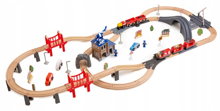 Drewniana Kolejka Elektryczna POCIĄG NA BATERIE x2 WAGONY TUNEL TOR Dźwięk