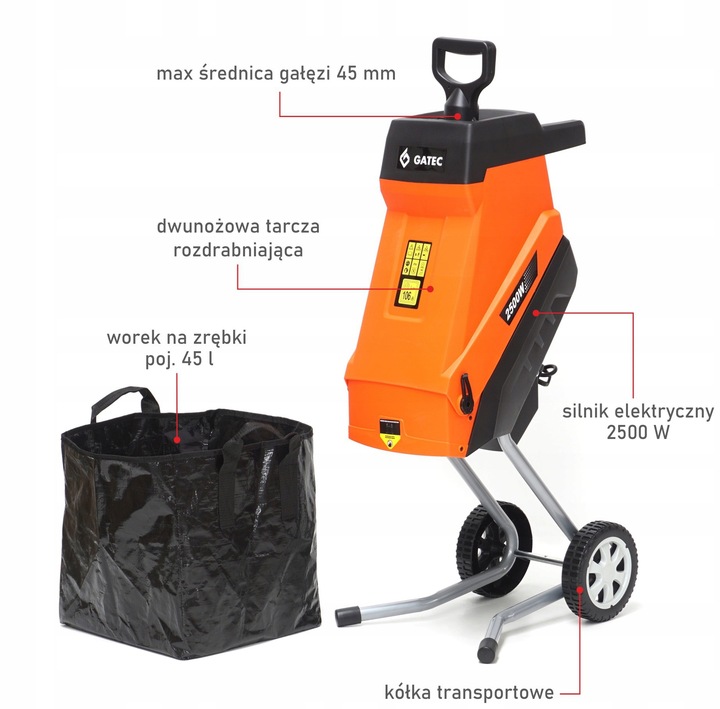 Rozdrabniacz nożowy do gałęzi, Rębak GATEC GT 145 RE / 2500W + Kosz