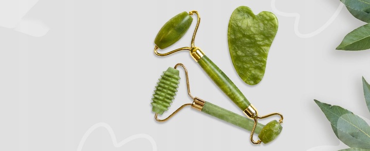 3w1 Masażer do twarzy KAMIEŃ GUA SHA z jadeitu zestaw roller wałek masażu