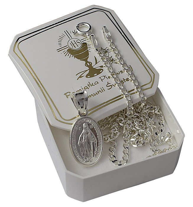 Łańcuszek Srebrny Diamentowany z Medalikiem na Komunie Srebro 925