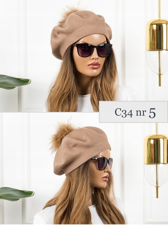 BERET Z POMPONEM CIEPŁY ZIMOWY z WEŁNĄ CZAPKA DAMSKA JAKOŚĆ PREMIUM