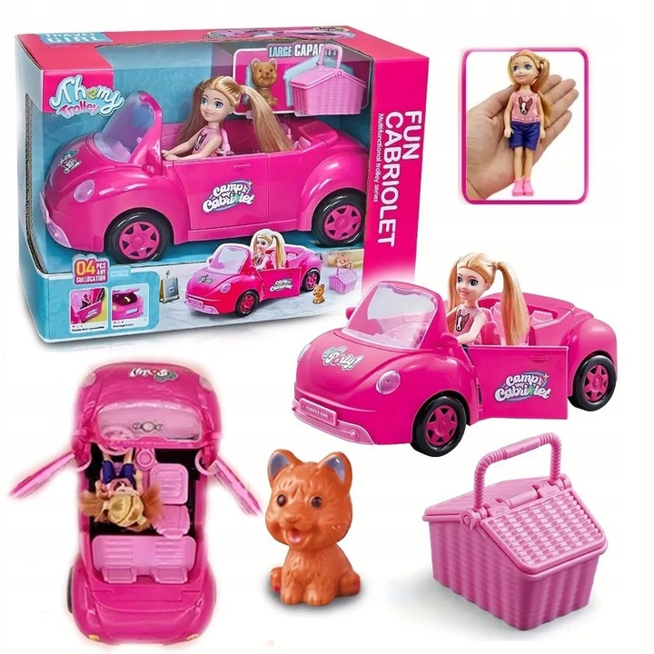 Lalka w samochodzie z pieskiem i koszykiem DLA DZIEWCZYN kabriolet prezent