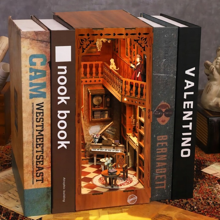 PUZZLE 3D PODPÓRKA DO KSIĄŻEK LED DIY MINIATUROWY DOMEK DREWNIANY BV02-003