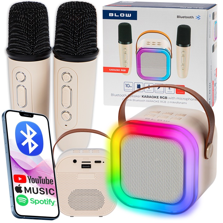 PRZENOŚNY GŁOŚNIK KARAOKE RGB 2 MIKROFONY USB SD MINI JACK BLUETOOTH ZESTAW