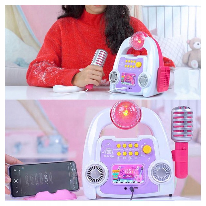 ZESTAW DO KARAOKE MIKROFON DLA DZIECI WZMACNIACZ STATYW EFEKTY NAGRYWANIE