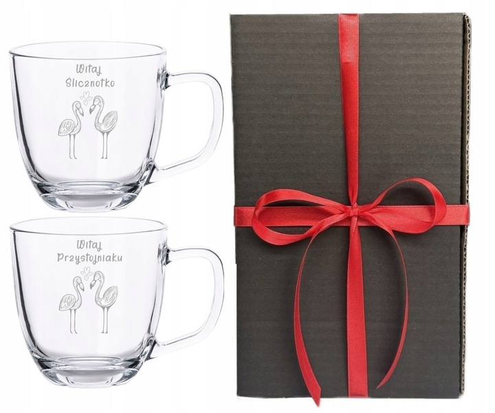 2 Duże Szklane Kubki Grawer LOGO 420ml Prezent dla pary Walentynki WZORY
