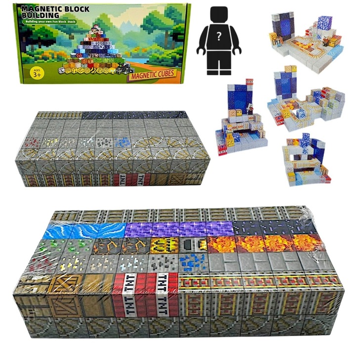 KLOCKI MAGNETYCZNE 100 KLOCKÓW KONSTRUKCYJNE SZEŚCIANY PIKSELE + 1 LUDZIK