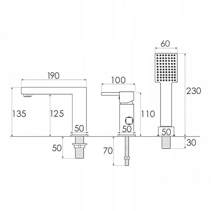 Bateria wannowa 3 otworowa stojąca czarna kran do wanny z prysznicem