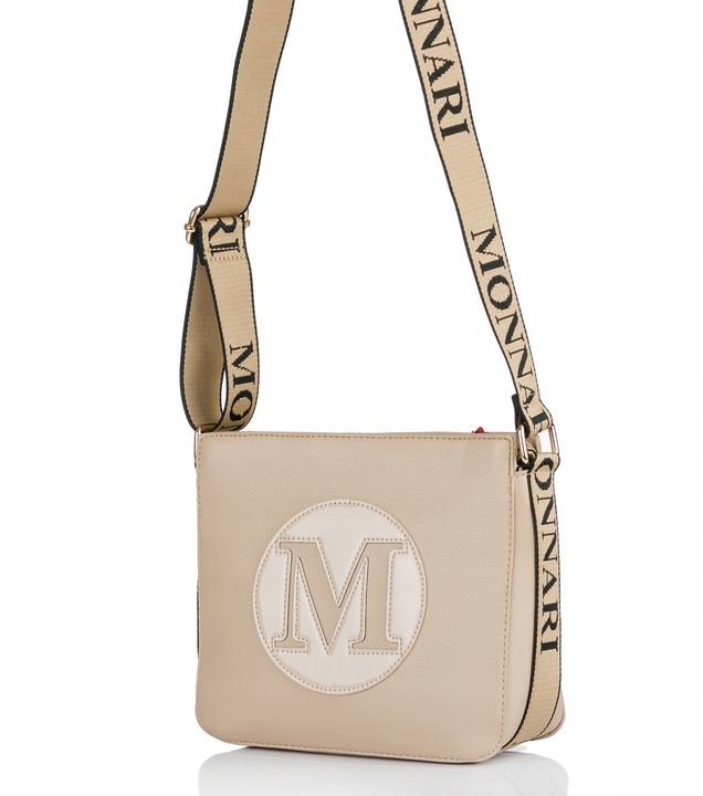 MONNARI Torebka na ramię LISTONOSZKA Pojemna PASEK LOGO PREMIUM Beżowa