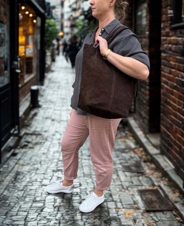 czekoladowa zamszowa torebka worek skóra naturalna SHOPPER A4 VERA PELLE