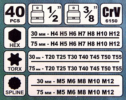 KOMPLET ZESTAW BITÓW TORX HEX SPLINE 40 ELEMENTÓW S10631