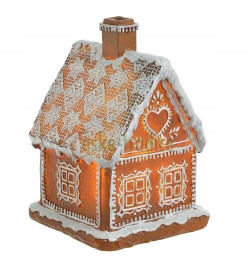 ozdoba na święta Domek ceramiczny z piernika LED brązowy 17 cm dach firanka