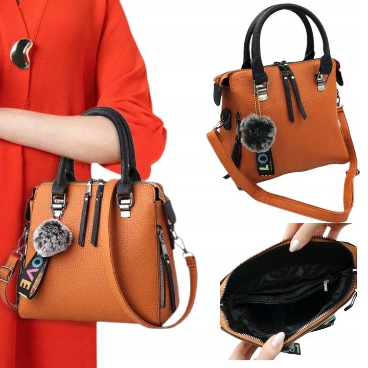 Torebka Brązowa Kuferek Damska Brelok Pompon Do Ręki na Ramię