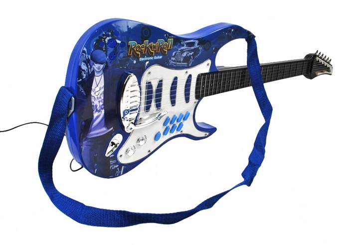 DUŻA GITARA ELEKTRYCZNA DLA DZIECI MIKROFON piecyk STATYW WZMACNIACZ NIEBIE