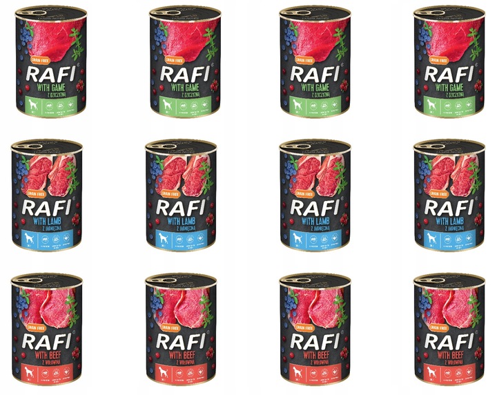 MIX KARMY MOKREJ DLA PSA 400G RAFI 3 SMAKI x 4 SZTUKI DZICZ. JAG. WOŁ.