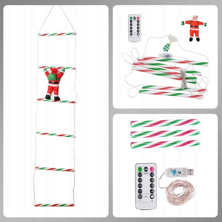 ŚWIĄTECZNE LAMPKI LED DRABINKA ŚWIĘTEGO MIKOŁAJA 8 TRYBÓW 75 CM PILOT USB