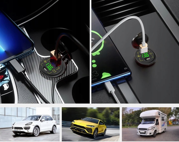 ŁADOWARKA DO SAMOCHODU MOTOCYKLA ŁODZI USB USB-C 3,4A WOLTOMIERZ 12V 24V