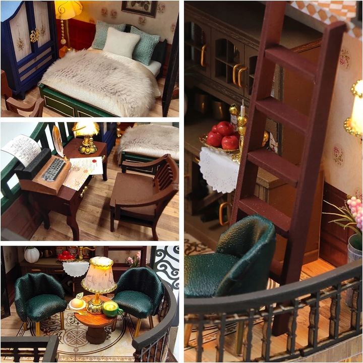 Domek dla Lalek Drewniany LED Piętrowy Retro Model do Złożenia DIY Meble