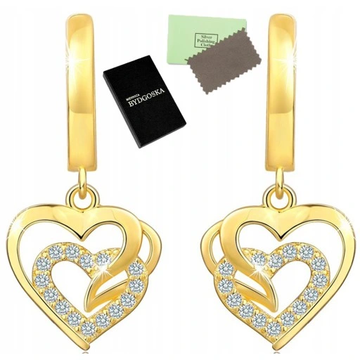 ZLOTE KOLCZYKI WISZĄCE SERCA, KOLCZYKI ANGIELSKIE SREBRO POZŁCANE