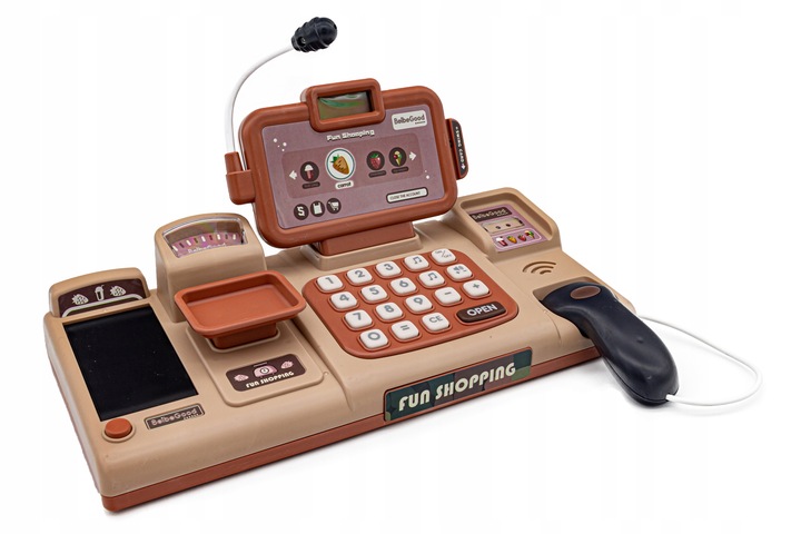 Kasa Fiskalna Edukacyjna Sklepowa Waga Koszyk Czytnik Kodów Monety Mikrofon