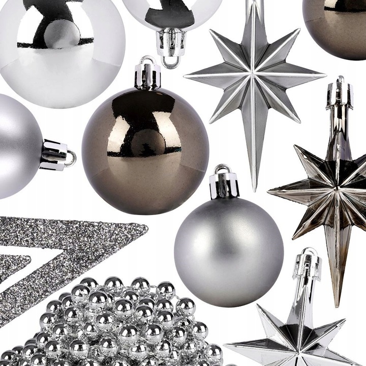 45x Bombki CHOINKOWE świąteczne nietłukące SREBRNE zestaw bombek na choinkę