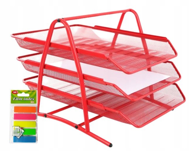 Organizer z szufladami półka na dokumenty metal 3 poziomowa Net czerwona
