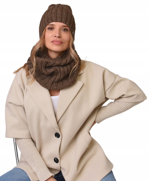 damski Komplet brązowyi zimowy CZAPKA Z KOMINEM ciepły ZESTAW polski Be4